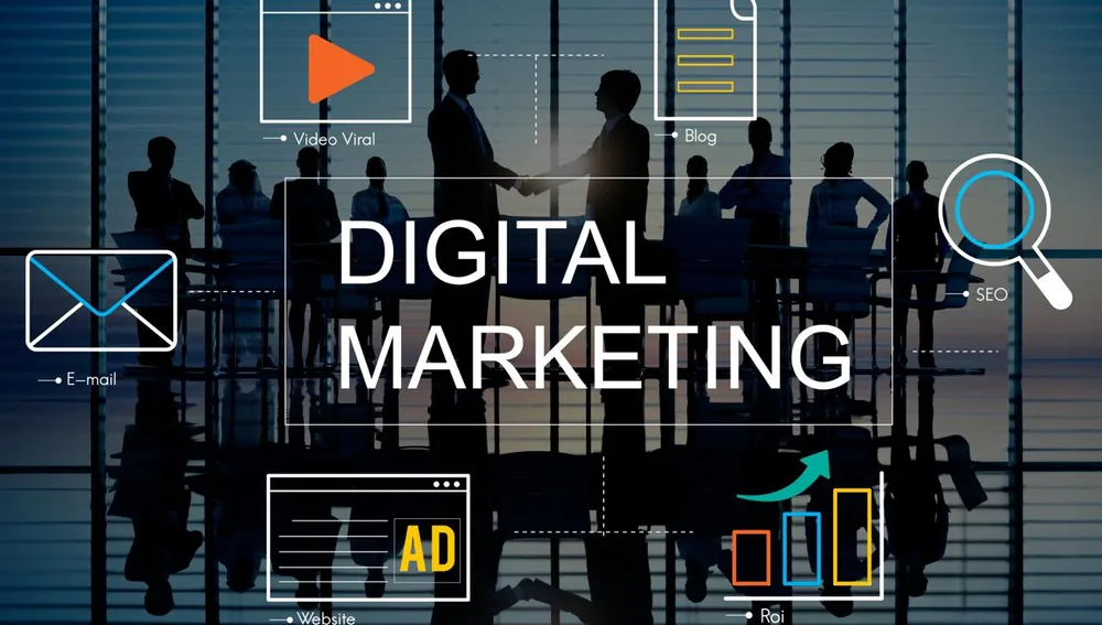 Ilustrasi digital marketing agency Surabaya: dua orang berjabat tangan dengan ikon video viral, blog, email, SEO, website, dan ROI